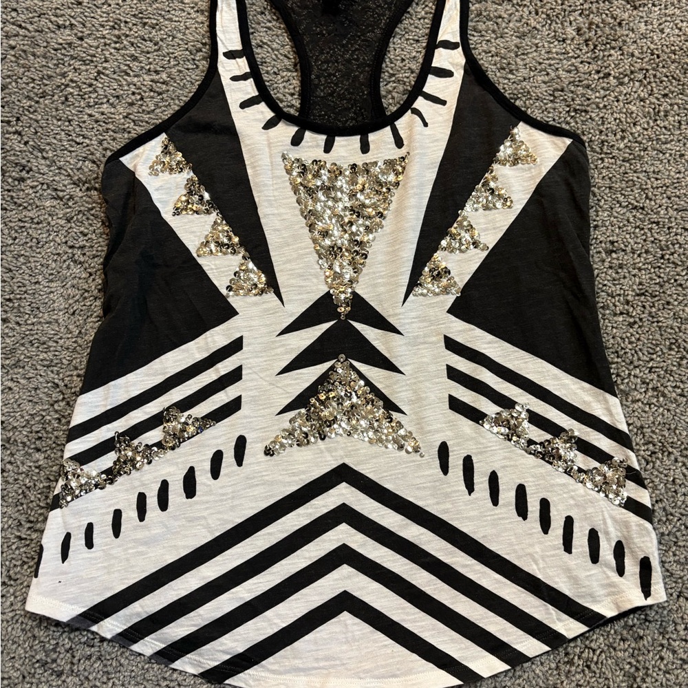 Women’s Express Black and White sequin Embellished Tank with black lace back, S - Picture 7 of 7